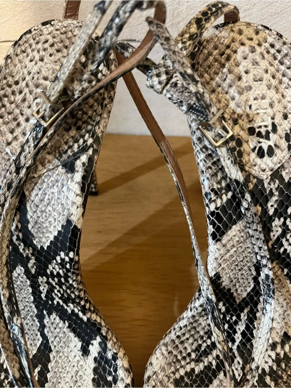 SCHUTZ Snakeskin Print Strappy Heels in Black and Cream